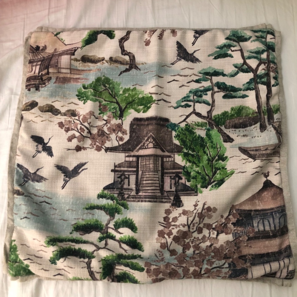 Set of 2 Asian toile linen pillow covers 22" x 22" barkcloth texture chinoiserie - Picture 3 of 9